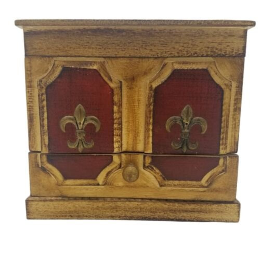 VTG Toyo Japan Wooden Jewelry Music Box Fleur de Lis 3 Drawer areas 7 X 7.5